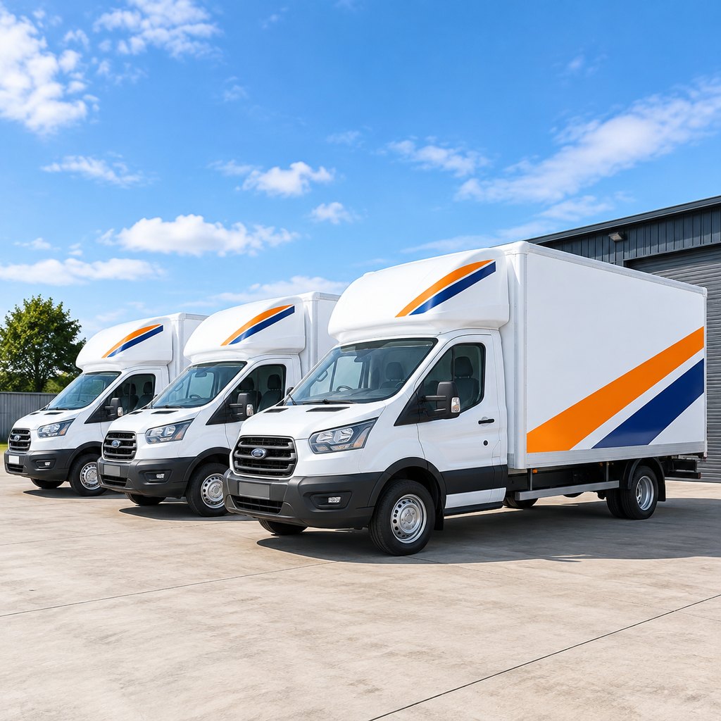 Removals vans parked at a depot
